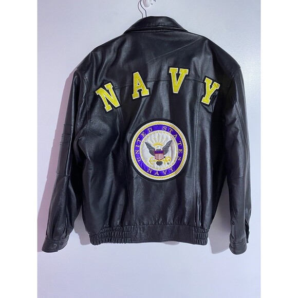 Vintage USA Navy Leather Bomber Jacket Mens XL Black Spellout Motto Eagle Crest